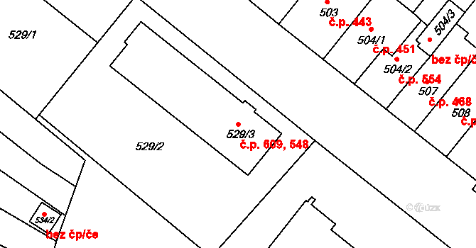 Vyškov-Předměstí 548,609, Vyškov na parcele st. 529/3 v KÚ Vyškov, Katastrální mapa