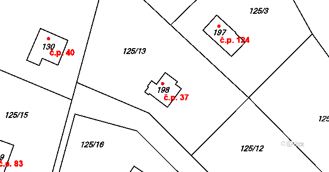 Český Šternberk 37 na parcele st. 198 v KÚ Český Šternberk, Katastrální mapa