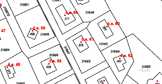 Podělusy 61, Týnec nad Sázavou na parcele st. 378 v KÚ Podělusy, Katastrální mapa