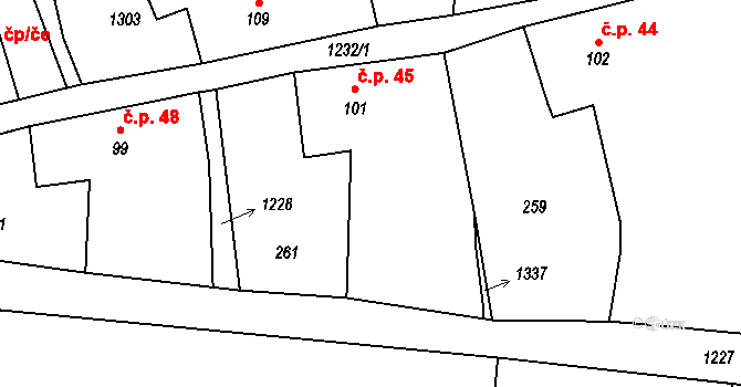 Liběšice 45 na parcele st. 101 v KÚ Liběšice u Litoměřic, Katastrální mapa