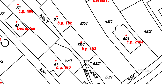 Rožnov pod Radhoštěm 193 na parcele st. 65/1 v KÚ Rožnov pod Radhoštěm, Katastrální mapa