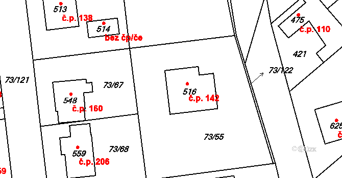 Sibřina 142 na parcele st. 516 v KÚ Sibřina, Katastrální mapa