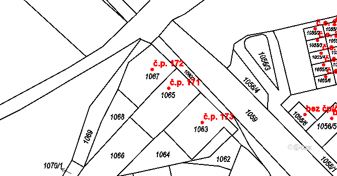 Miřetice u Klášterce nad Ohří 171, Klášterec nad Ohří na parcele st. 1065 v KÚ Miřetice u Klášterce nad Ohří, Katastrální mapa