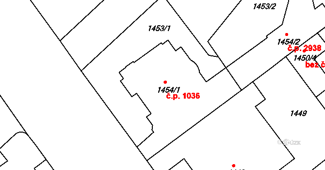 Teplice 1036 na parcele st. 1454/1 v KÚ Teplice, Katastrální mapa