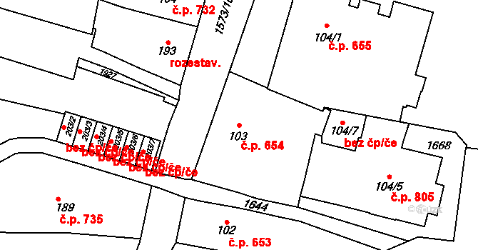 Litovel 654 na parcele st. 103 v KÚ Litovel, Katastrální mapa