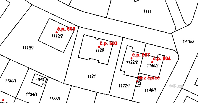 Řepy 603, Praha na parcele st. 1120 v KÚ Řepy, Katastrální mapa