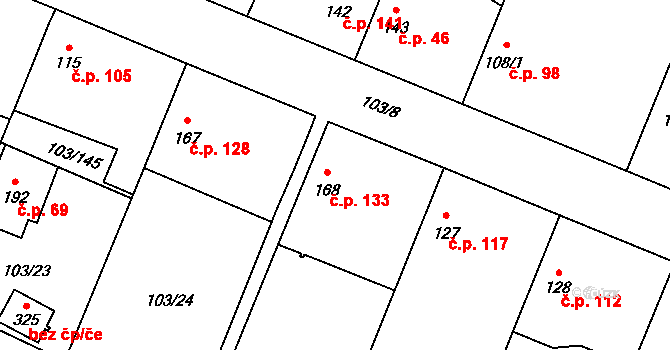 Břežany II 133 na parcele st. 168 v KÚ Břežany II, Katastrální mapa