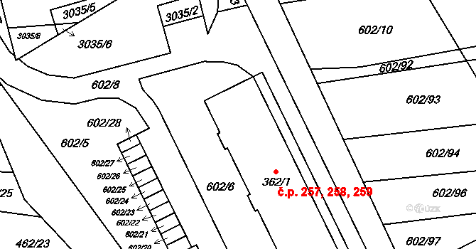 Neslovice 257,258,259 na parcele st. 362/1 v KÚ Neslovice, Katastrální mapa
