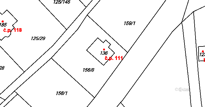 Doubek 111 na parcele st. 136 v KÚ Doubek, Katastrální mapa