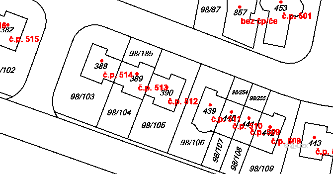 Bašť 512 na parcele st. 390 v KÚ Bašť, Katastrální mapa