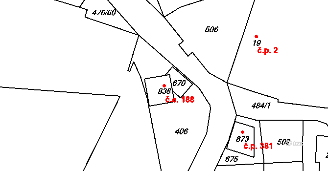 Řež 188, Husinec na parcele st. 838 v KÚ Husinec u Řeže, Katastrální mapa
