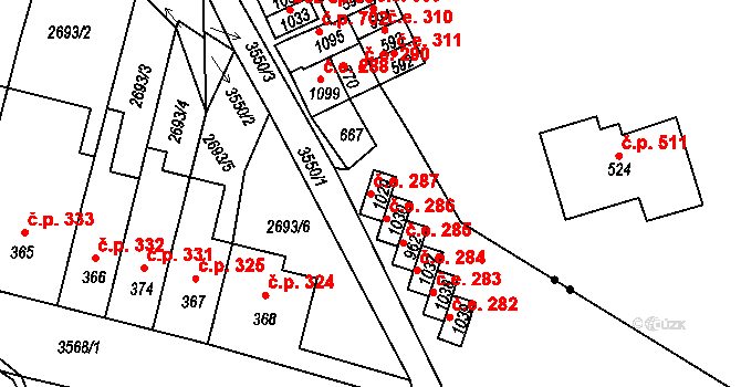 Krupka 287 na parcele st. 1029 v KÚ Krupka, Katastrální mapa