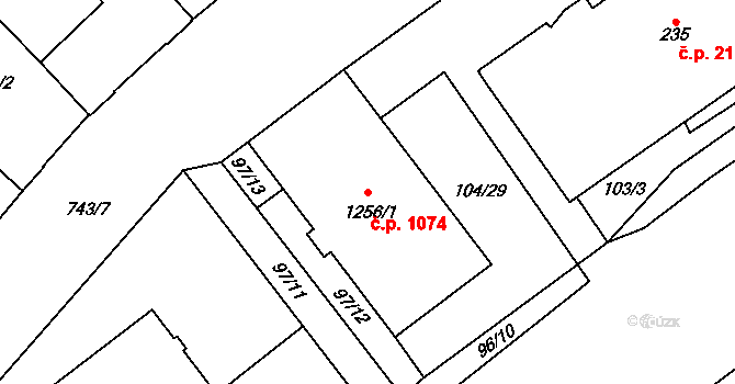 Mariánské Hory 1074, Ostrava na parcele st. 1256/1 v KÚ Mariánské Hory, Katastrální mapa