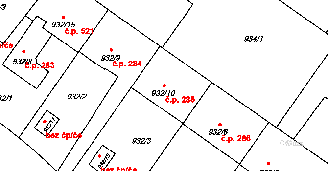 Kozmice 285 na parcele st. 932/10 v KÚ Kozmice, Katastrální mapa