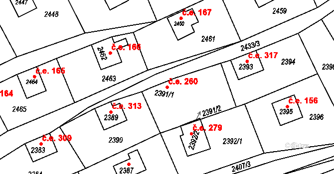 Buchlovice 260 na parcele st. 2391/1 v KÚ Buchlovice, Katastrální mapa