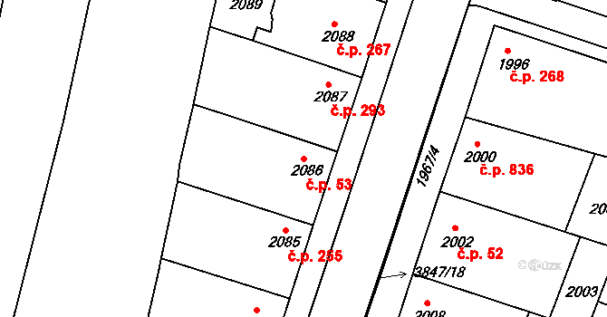 Kunovice 53 na parcele st. 2086 v KÚ Kunovice u Uherského Hradiště, Katastrální mapa