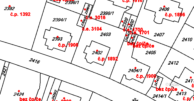 Most 1892 na parcele st. 2402 v KÚ Most II, Katastrální mapa