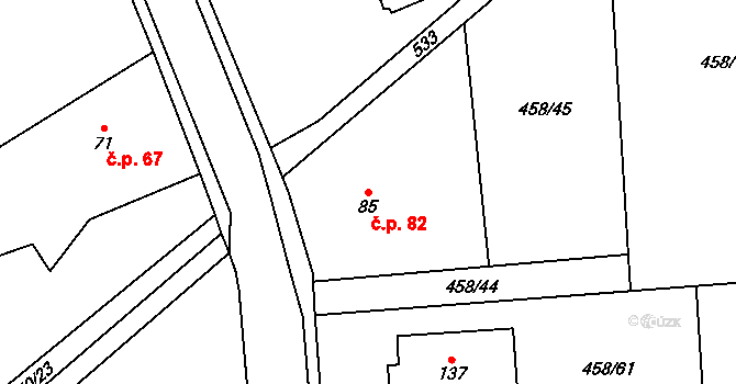 Mnětice 82, Pardubice na parcele st. 85 v KÚ Mnětice, Katastrální mapa