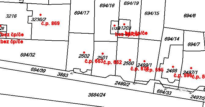 Bílé Předměstí 652, Pardubice na parcele st. 2501 v KÚ Pardubice, Katastrální mapa