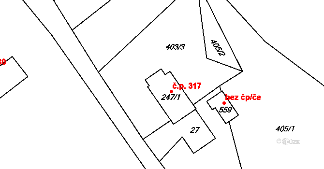 Lubina 317, Kopřivnice na parcele st. 247/1 v KÚ Drnholec nad Lubinou, Katastrální mapa