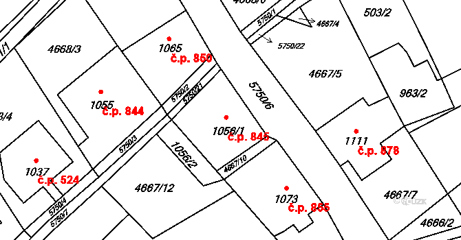 Mikulášovice 845 na parcele st. 1056/1 v KÚ Mikulášovice, Katastrální mapa