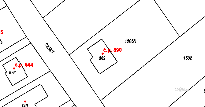 Křižanov 590 na parcele st. 862 v KÚ Křižanov, Katastrální mapa