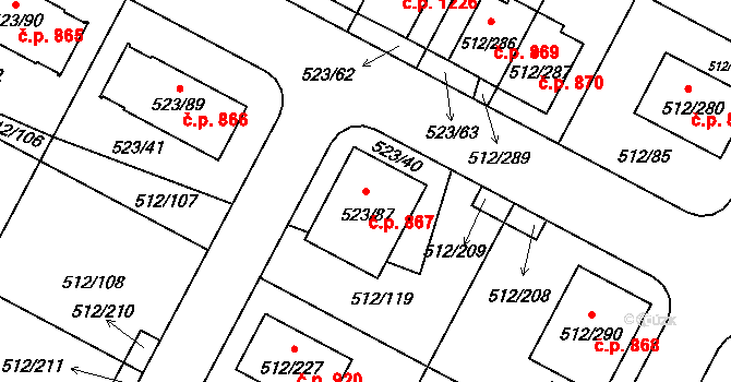 Srubec 867 na parcele st. 523/87 v KÚ Srubec, Katastrální mapa