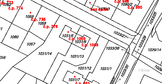 Chotěboř 1058 na parcele st. 1031/6 v KÚ Chotěboř, Katastrální mapa