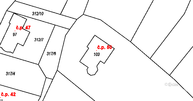 Mirošov 50, Valašské Klobouky na parcele st. 103 v KÚ Mirošov u Valašských Klobouk, Katastrální mapa