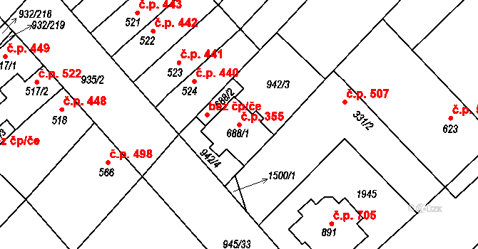 Kvasice 355 na parcele st. 688/1 v KÚ Kvasice, Katastrální mapa