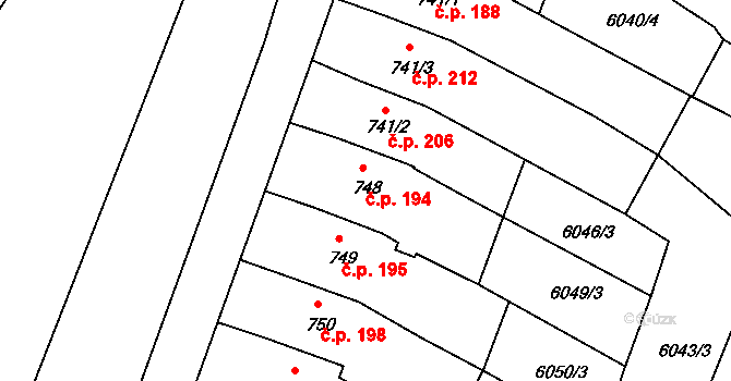 Telč-Podolí 194, Telč na parcele st. 748 v KÚ Telč, Katastrální mapa
