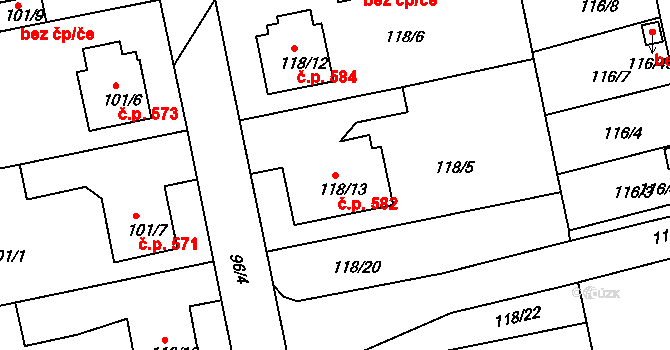 Lyžbice 582, Třinec na parcele st. 118/13 v KÚ Lyžbice, Katastrální mapa