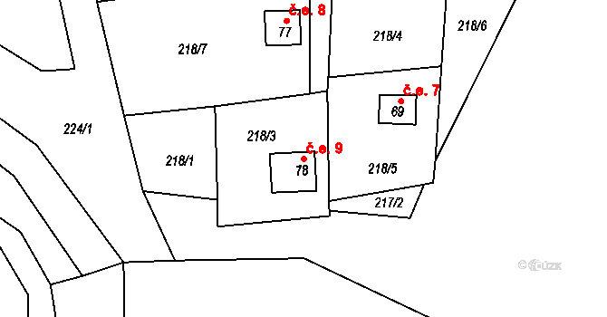 Chocnějovice 9 na parcele st. 78 v KÚ Chocnějovice, Katastrální mapa