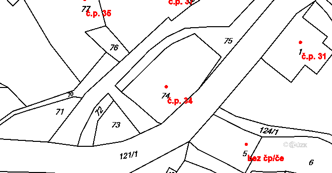 Litice 34, Blíževedly na parcele st. 74 v KÚ Litice, Katastrální mapa