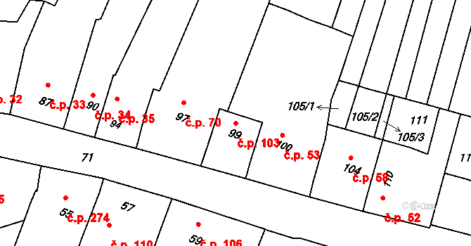 Těmice 103 na parcele st. 99 v KÚ Těmice u Hodonína, Katastrální mapa