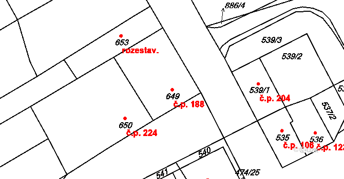 Milokošť 188, Veselí nad Moravou na parcele st. 649 v KÚ Milokošť, Katastrální mapa