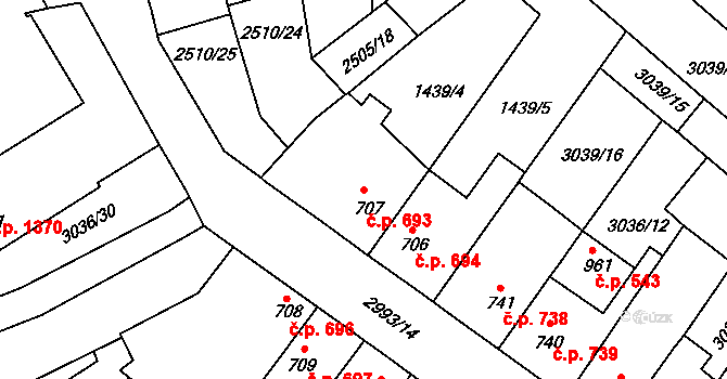 Kyjov 693 na parcele st. 707 v KÚ Kyjov, Katastrální mapa
