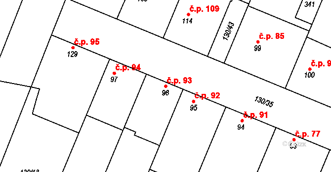 Kojetice 93 na parcele st. 96 v KÚ Kojetice u Prahy, Katastrální mapa