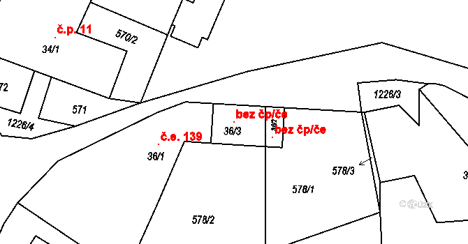 Bystřice 147117046 na parcele st. 36/3 v KÚ Božkovice, Katastrální mapa