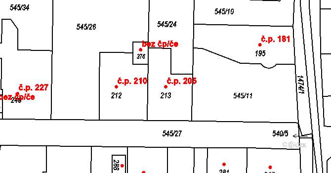 Tetín 205 na parcele st. 213 v KÚ Tetín u Berouna, Katastrální mapa