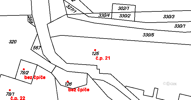 Hronětice 21, Kostomlaty nad Labem na parcele st. 125 v KÚ Hronětice, Katastrální mapa