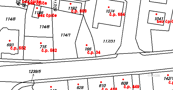 Benešov nad Ploučnicí 34 na parcele st. 166 v KÚ Benešov nad Ploučnicí, Katastrální mapa