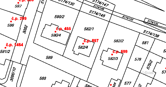 Místek 697, Frýdek-Místek na parcele st. 582/4 v KÚ Místek, Katastrální mapa