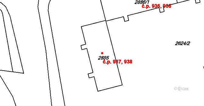 Nové Město 937,938, Rokycany na parcele st. 2885 v KÚ Rokycany, Katastrální mapa