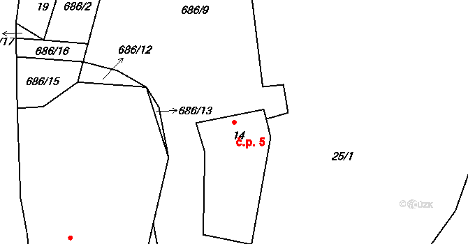 Krupice 5, Okounov na parcele st. 14 v KÚ Krupice, Katastrální mapa