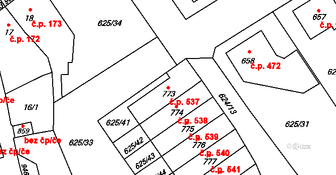 Borohrádek 537 na parcele st. 773 v KÚ Borohrádek, Katastrální mapa