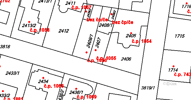Horní Počernice 1055, Praha na parcele st. 2407 v KÚ Horní Počernice, Katastrální mapa