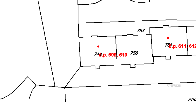 Háje 609,610, Praha na parcele st. 749 v KÚ Háje, Katastrální mapa