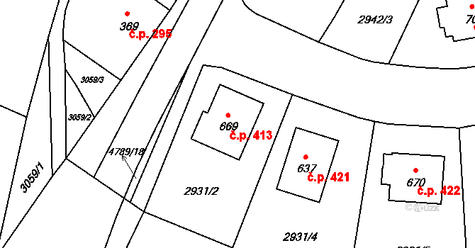 Kunžak 413 na parcele st. 669 v KÚ Kunžak, Katastrální mapa