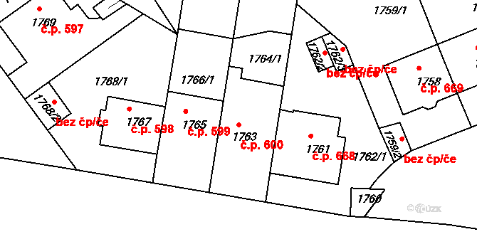 Střešovice 600, Praha na parcele st. 1763 v KÚ Střešovice, Katastrální mapa